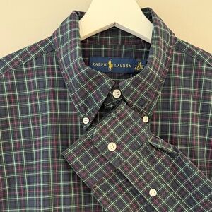 Ralph Lauren Men Sz 16/40-41 Blue Green Stripe Plaid Button Up Long Sleeve Shirt
